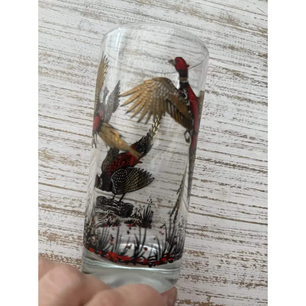 Vintage MCM Red Gold Ringneck Pheasant Tall Barware‎ Glass